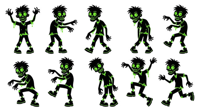 Cartoon zombie character sprite sheet with walking jumping and attacking animation poses for video game design. vector illustration