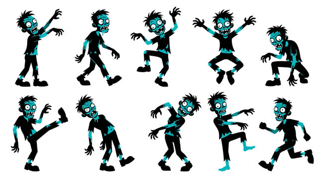 Cartoon Zombie Character Sprites Set in Different Action Poses for Video Game Animation. vector illustration