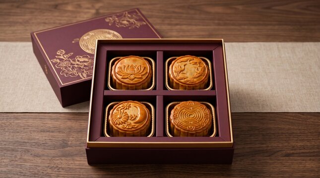 A premium gift box filled with traditional mooncakes for the annual chinese mid autumn festival celebration event