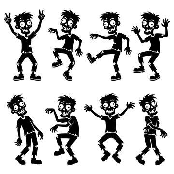 Set of cartoon zombie silhouettes dancing and walking in various poses for Halloween design. vector illustration