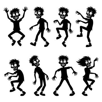 Set of cartoon zombie silhouettes dancing and walking in funny poses for Halloween. vector illustration