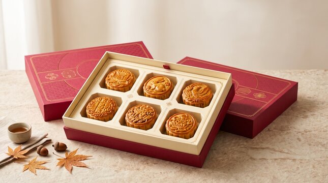 A beautiful gift box filled with delicious traditional mooncakes for the annual mid autumn festival celebration event