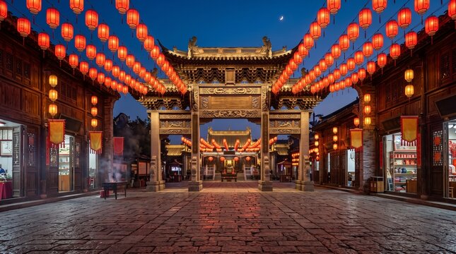 Beautiful traditional chinese gate decorated with glowing red lanterns during the annual mid autumn festival night celebration