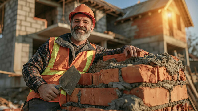 Skilled Bricklayer at Work: A smiling, experienced bricklayer wearing a hard hat and safety vest meticulously lays bricks on a construction site.