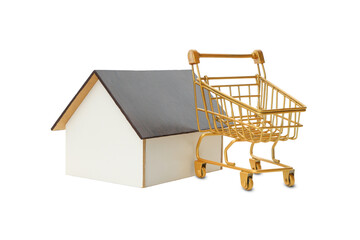 House model sits beside shopping cart symbolizing opportunities for saving money, PNG © Atlas