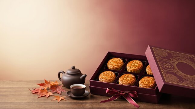 Traditional mooncakes in a decorative gift box with tea set for the annual mid autumn festival celebration