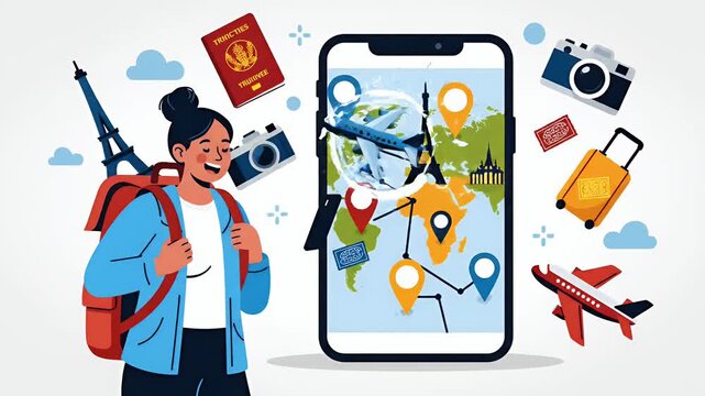 Travel planning with smartphone map app, icons of airplane, passport, camera, luggage, Eiffel Tower, world map for vacation.