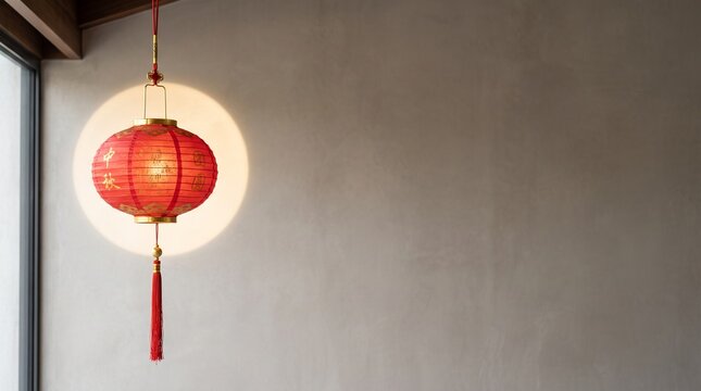 A traditional red lantern hanging against a neutral wall for the beautiful chinese mid autumn festival celebration