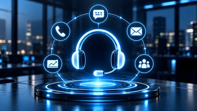 Omnichannel customer support interface with glowing headset and communication icons representing virtual call center helpdesk and artificial intelligence chatbot