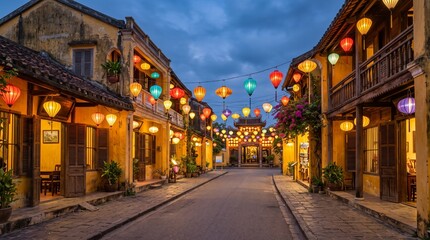Fototapeta premium Traditional ancient street decorated with glowing lanterns during the beautiful and festive mid autumn festival evening celebration