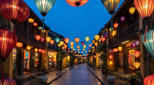 Beautiful street decorated with colorful lanterns during the traditional mid autumn festival celebration in hoi an vietnam