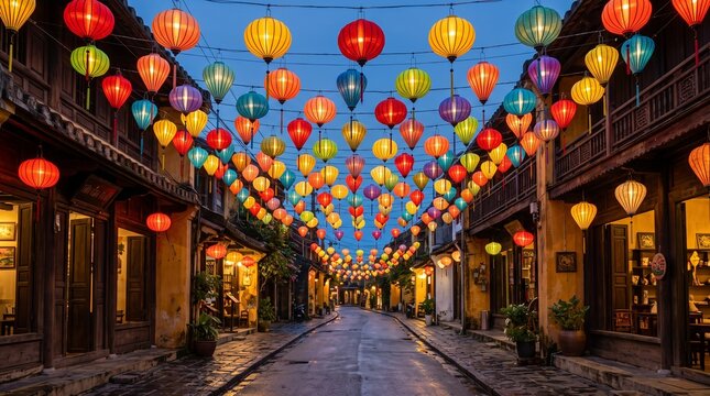 Beautiful street decorated with colorful lanterns for the traditional mid autumn festival celebration in hoi an vietnam