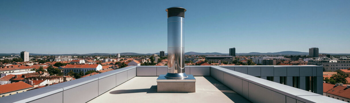 Urban Rooftop Panorama: A wide, flat rooftop reveals a sprawling cityscape with a prominent stainless steel chimney. Distant buildings and a clear blue sky suggest a bright.