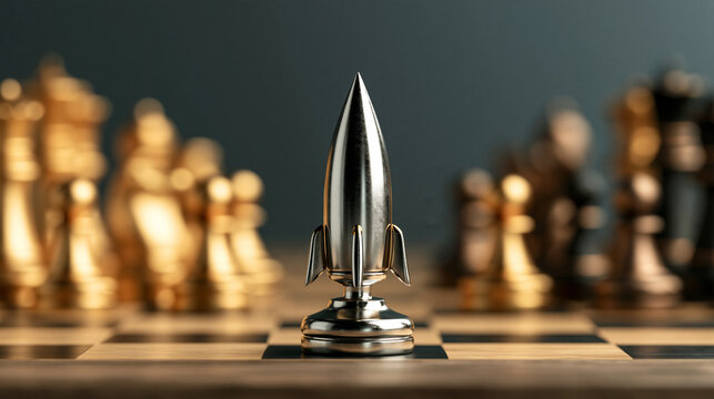 The Rocket Pawn: A silver rocket figurine stands as a powerful pawn on a chessboard, symbolizing innovation, forward thinking, and strategic advantage amidst a game of classic strategy.