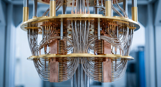 Quantum Computing Core Hardware: Macro View of Coaxial Wires and Cryogenic Plates
