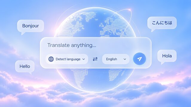 Global AI language translation software interface hovering in sky with multiple languages greeting text representing seamless borderless communication