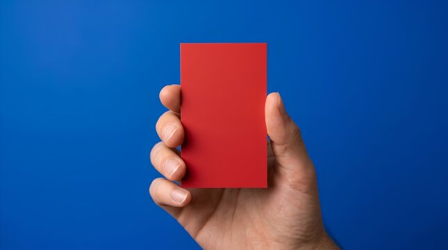 Hand holding plain red color sample card against vivid blue background, soft studio lighting, high contrast minimalist studio shot for design inspiration