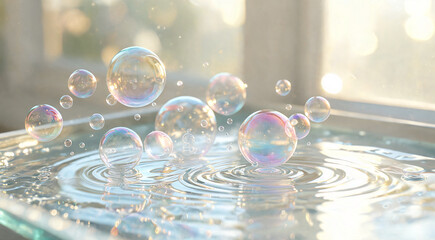 Obraz premium Colorful soap bubbles floating on water surface with ripples.