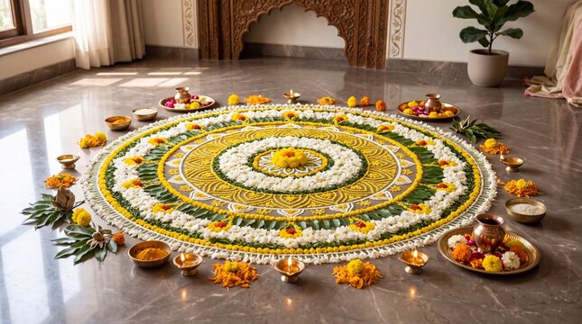 Beautiful flower rangoli and diyas for traditional festival at home