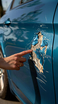 Damage Car Fender: A close-up shot focuses on a damaged car fender, revealing deep scratches and a torn section of blue paint, with a finger pointing to the impact site.