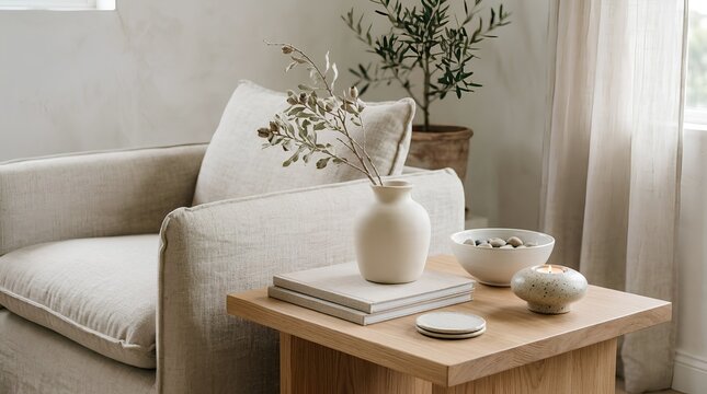 Serene Minimalist Home Decor with Light Linen Armchair, Natural Wood Side Table, Ceramic Vase with Dried Branches, Books, and Candle in a Bright, Neutral Toned Living Room Interior Design.
