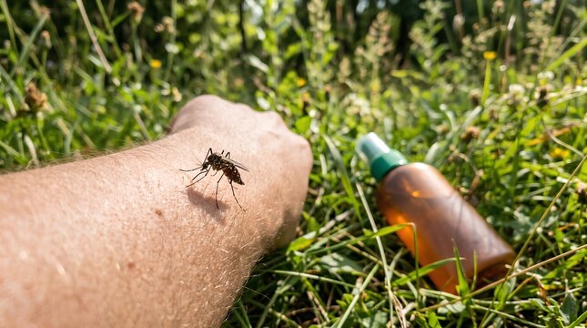 Close-up of a mosquito landing on a human arm in a sunny grassy field with a bottle of insect repellent spray nearby, highlighting pest control, summer skin protection, and insect bite prevention.