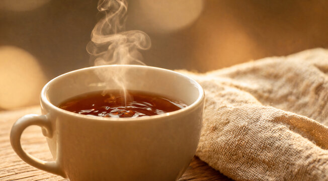 Steaming cup of tea on a cozy wooden table.