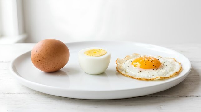 Culinary progression of eggs featuring a whole brown raw egg, a peeled hard-boiled egg with yellow yolk, and a seasoned sunny side up fried egg arranged on a white plate in a bright kitchen.