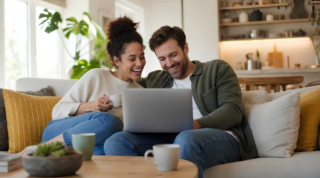Happy multiracial couple lounging on cozy sofa with laptop in bright modern living room, laughing together while browsing online, warm interior with plants, coffee cups, and yellow pillows