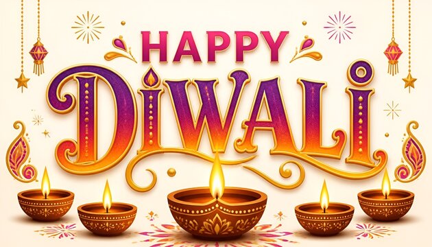 Happy Diwali greeting banner with vibrant 3D ornate typography burning clay oil lamps and traditional paisley ornaments on cream background vector illustration
