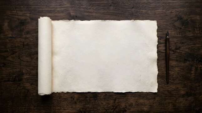 Blank vintage scroll and old pen on wooden table