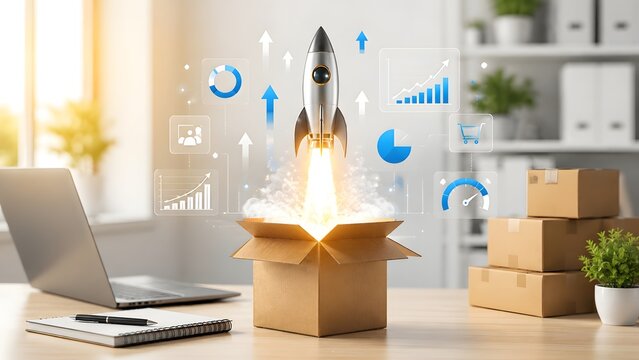 Silver rocket launching from a cardboard box on a desk with digital financial charts symbolizing startup success, business growth, and innovation