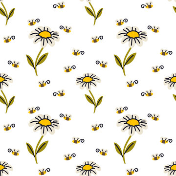 Vector seamless pattern illustration of cute hand drawn bumble bees flying around daisy flowers repeating on white background. Spring and summer botanical print for wrapping paper, textile, nursery