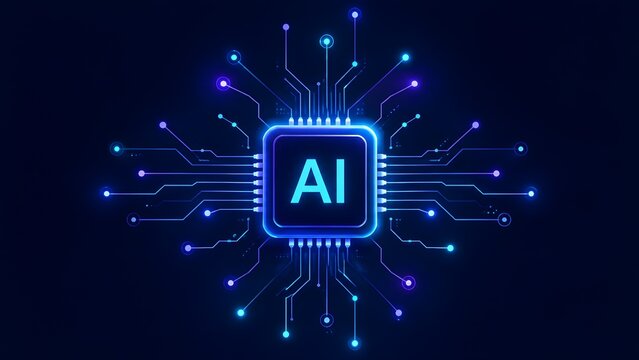 Artificial intelligence microchip on glowing blue circuit board symbolizing futuristic machine learning