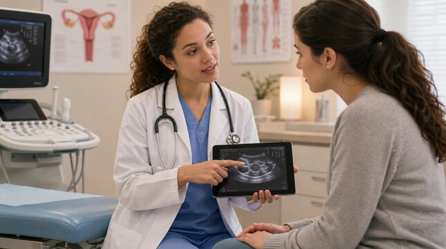 Female doctor with curly hair in white coat consulting patient, showing ultrasound image on tablet in modern clinic, stethoscope, anatomy poster, medical equipment in background, healthcare concept