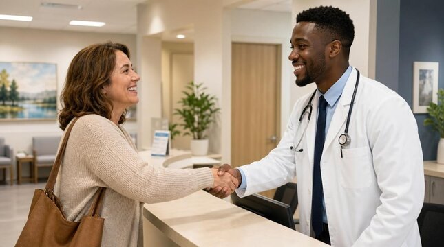 Cheerful middle-aged woman in soft sweater shaking hands with confident young African male doctor in white coat at medical reception desk in modern clinic lobby