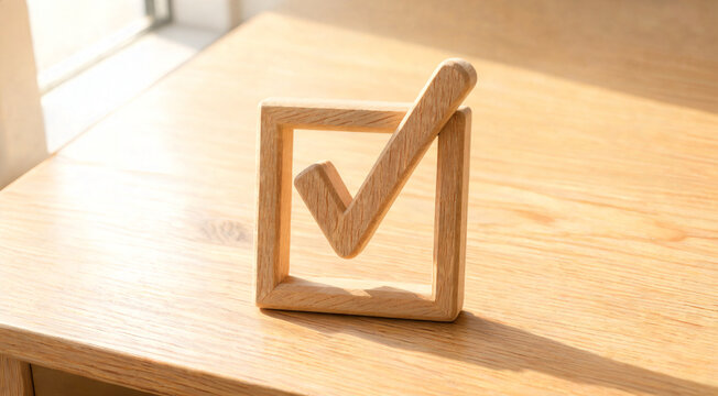 Wooden checkmark block on light wooden table surface.