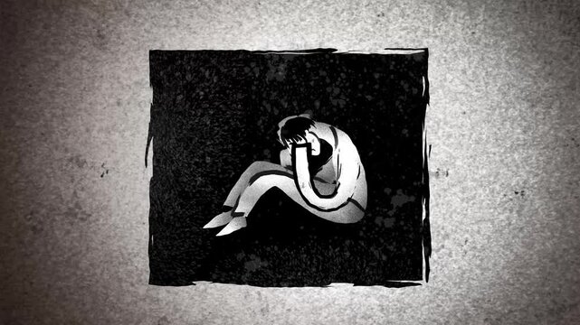 sad depressed man crying alone in confinement sketch