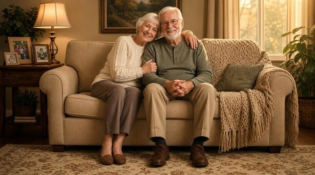 Full-length portrait of a happy elderly couple sitting together on a beige sofa in a warm cozy living room, the white-haired wife leans lovingly on her bearded husband, surrounded by framed photos