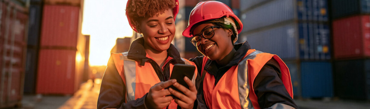 Port Container Workers Collaboration: Two smiling female port workers, one wearing a red hard hat and safety vest, share a mobile phone amongst stacks of shipping containers during golden hour.