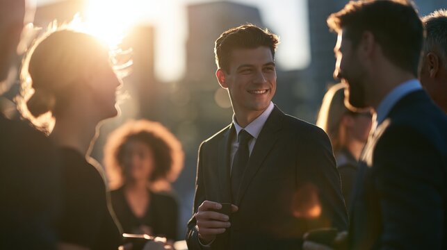Smiling young man in suit networking outdoor during golden hour event