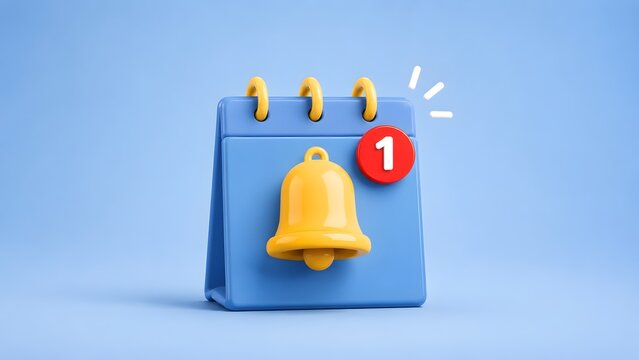 3D Render of Blue Desk Calendar with Yellow Notification Bell and Red Alert Badge for Event Reminder