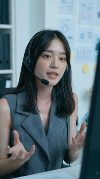 Customer Service Specialist: A professional customer service representative with a headset on, actively engages with a client on a computer, offering support and solutions with attentive gestures.