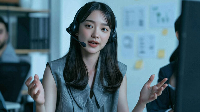 Customer Service Representative with Headset: A focused customer service representative, wearing a headset, actively engages in a conversation.