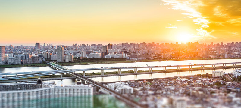 Aerial view of tokyo city skyline with skyscrapers and blurred foreground at sunset in Japan, miniature tilt shift effect