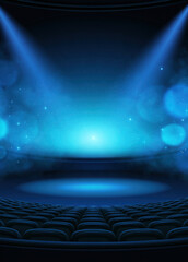 Obraz premium Cinematic theater stage blue light empty seat spotlight dark background abstract background futuristic set glowing haze copy space immersive space theater stage seat auditorium cinema venue