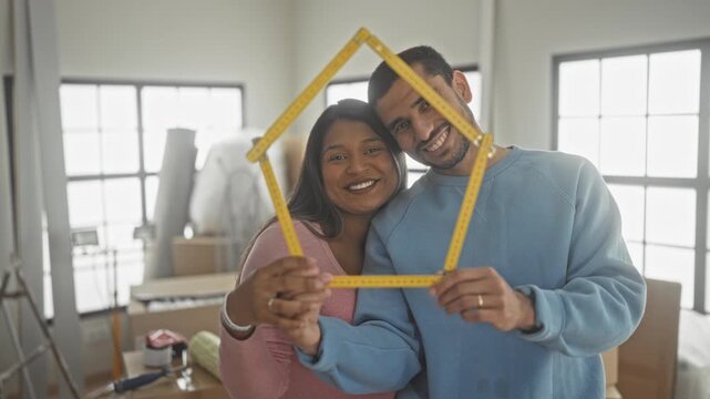 Man and woman hold a yellow folding ruler shaped like a house, smiling and framing faces with it inside a building; new home joy.