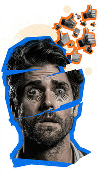 Overwhelmed Mind: A man's portrait, fractured and distorted, reveals a mind bombarded by a cascade of digital likes, symbolizing the overwhelming pressure and anxiety of social media validation.