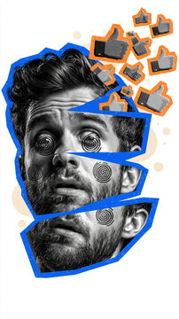 Anxious Gaze Amidst Digital Approval: A fragmented portrait of a man expresses anxiety and confusion, surrounded by floating 'like' icons.