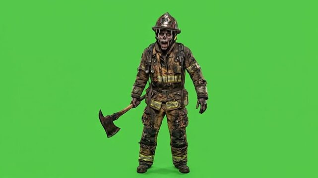Halloween zombie firefighter with axe posing on green screen